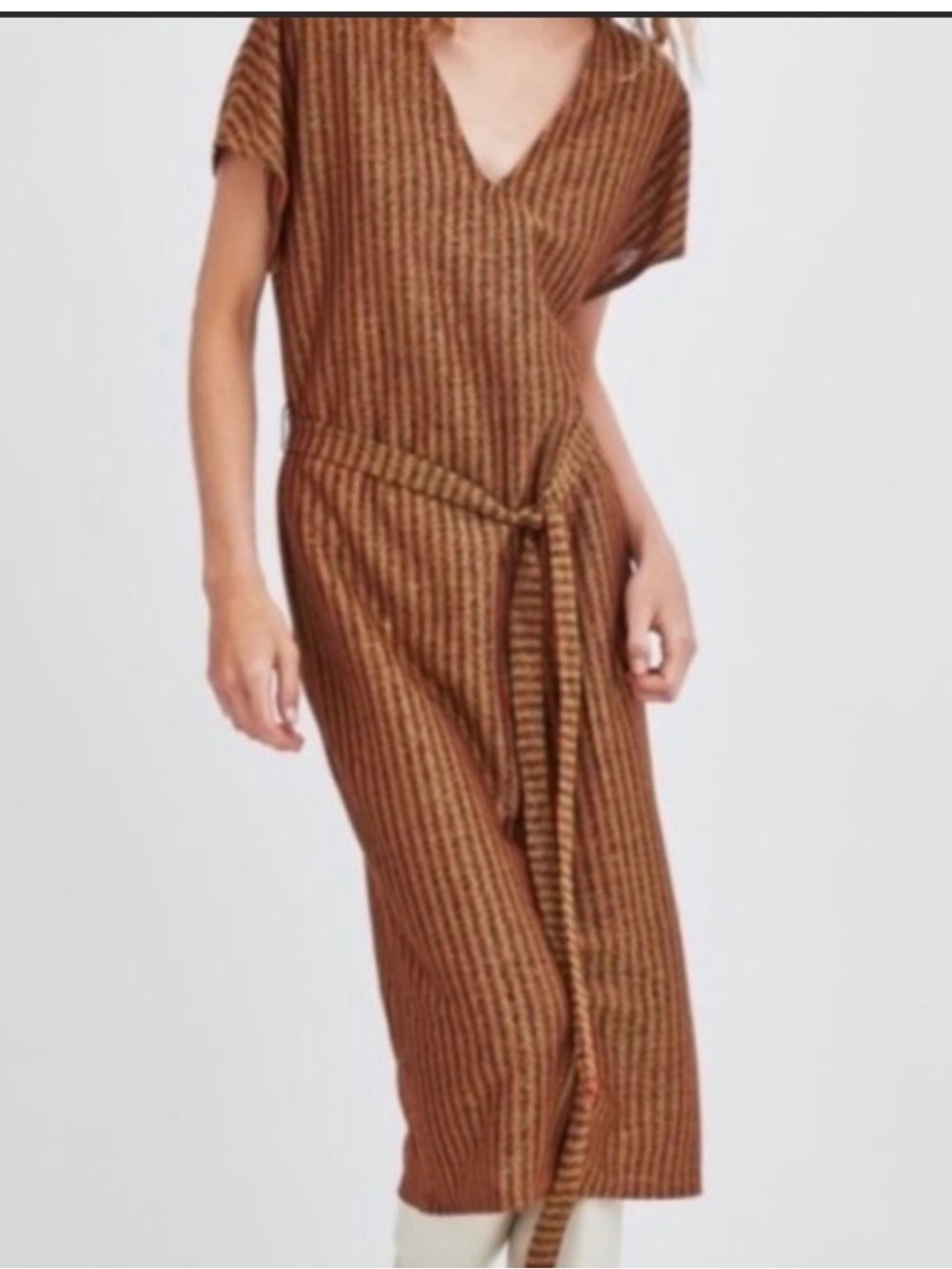 Zara Trafaluc Metallic Stripe Midi Dress Orange Black V Neck Belted Womens M